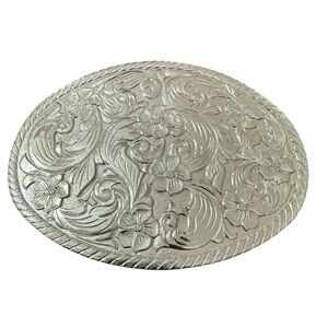 Vintage Western Floral Filigree Oval Silver Tone Belt Buckle Boho Cowgirl Rodeo